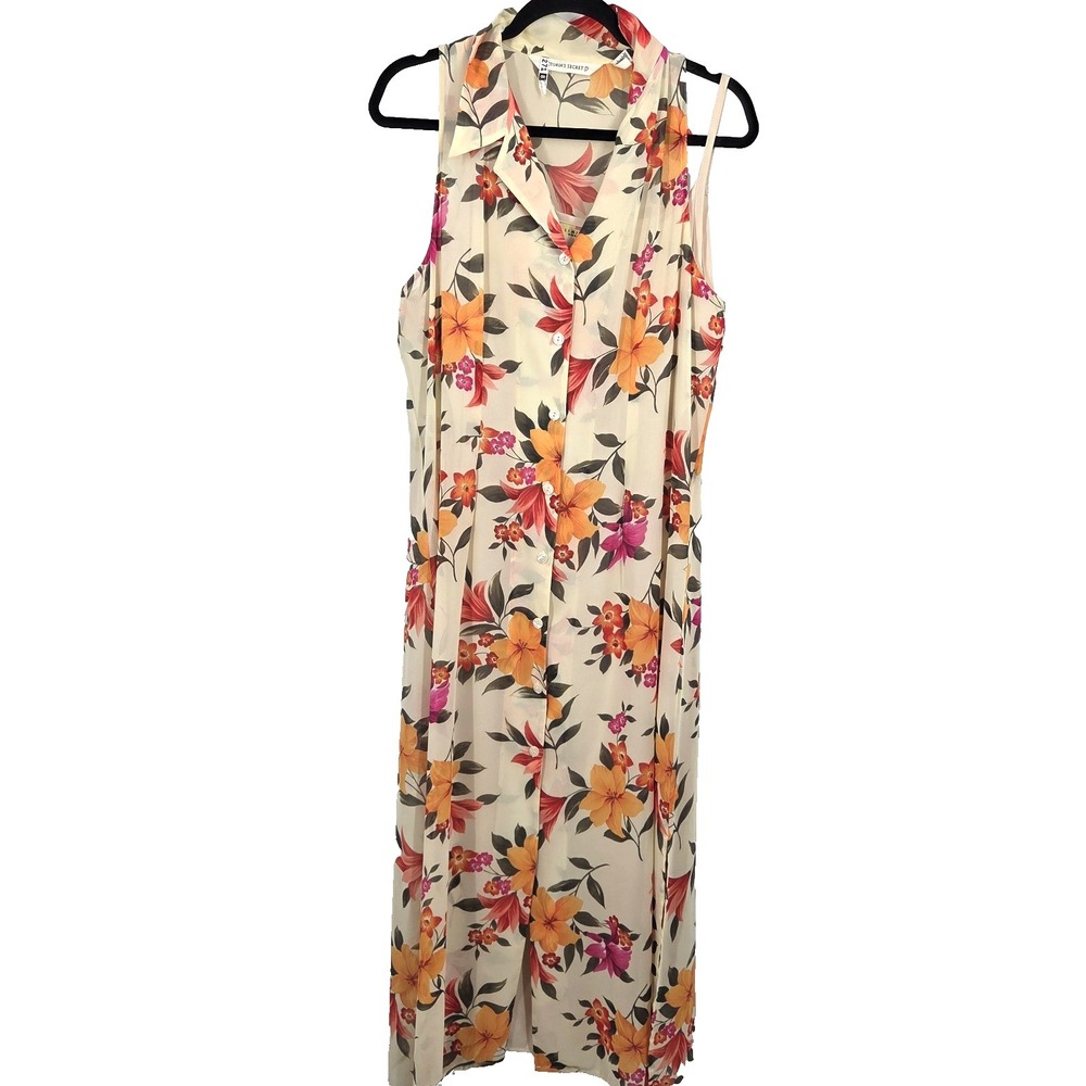 VTG Victoria's Secret Floral Button-Down Semi-Sheer Maxi Gown Dress Cover L Y2K